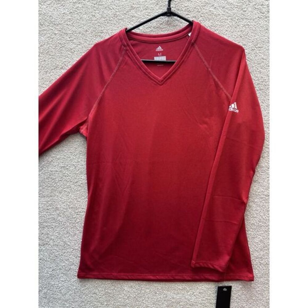 Adidas Shirt Women Medium Power Red LS CLIMALITE Running V Neck Base‎ Layer NEW